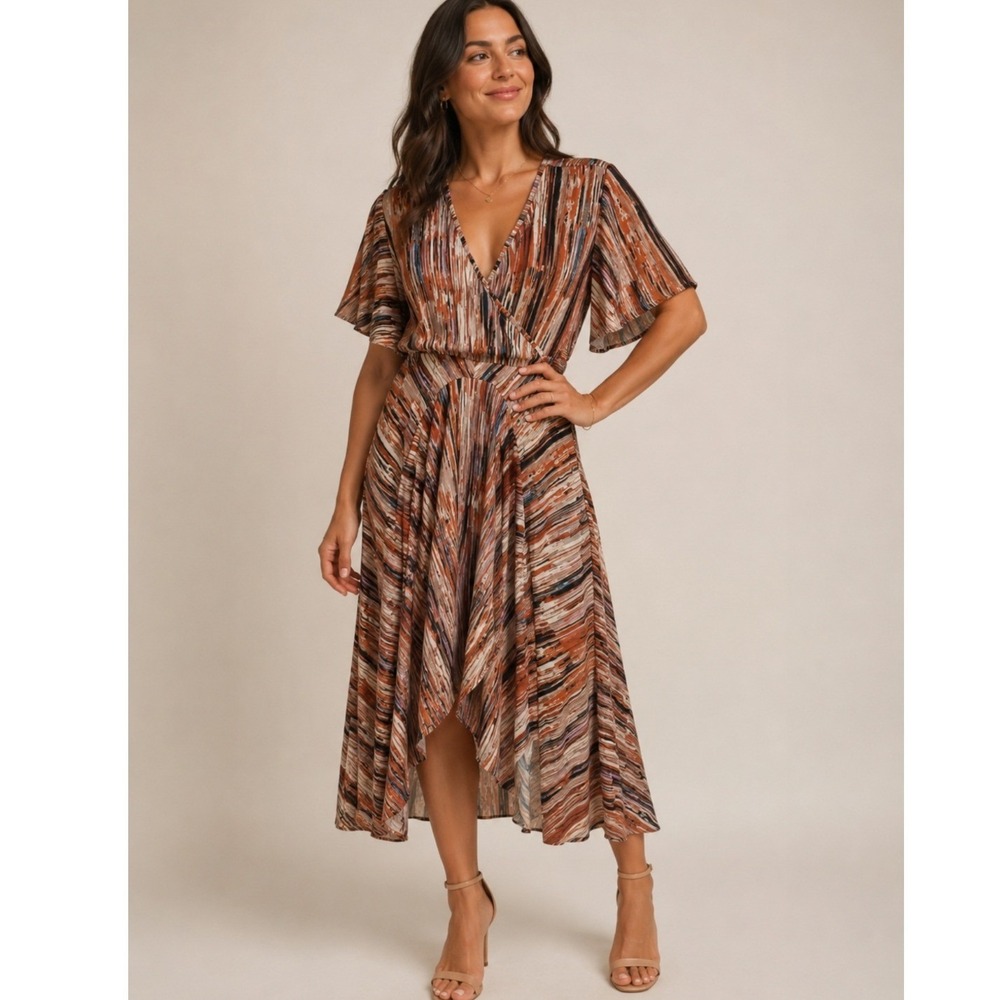 Soft Surroundings XL Abstract Print Wrap Front Handkerchief Hem Midi Dress 2FZ79